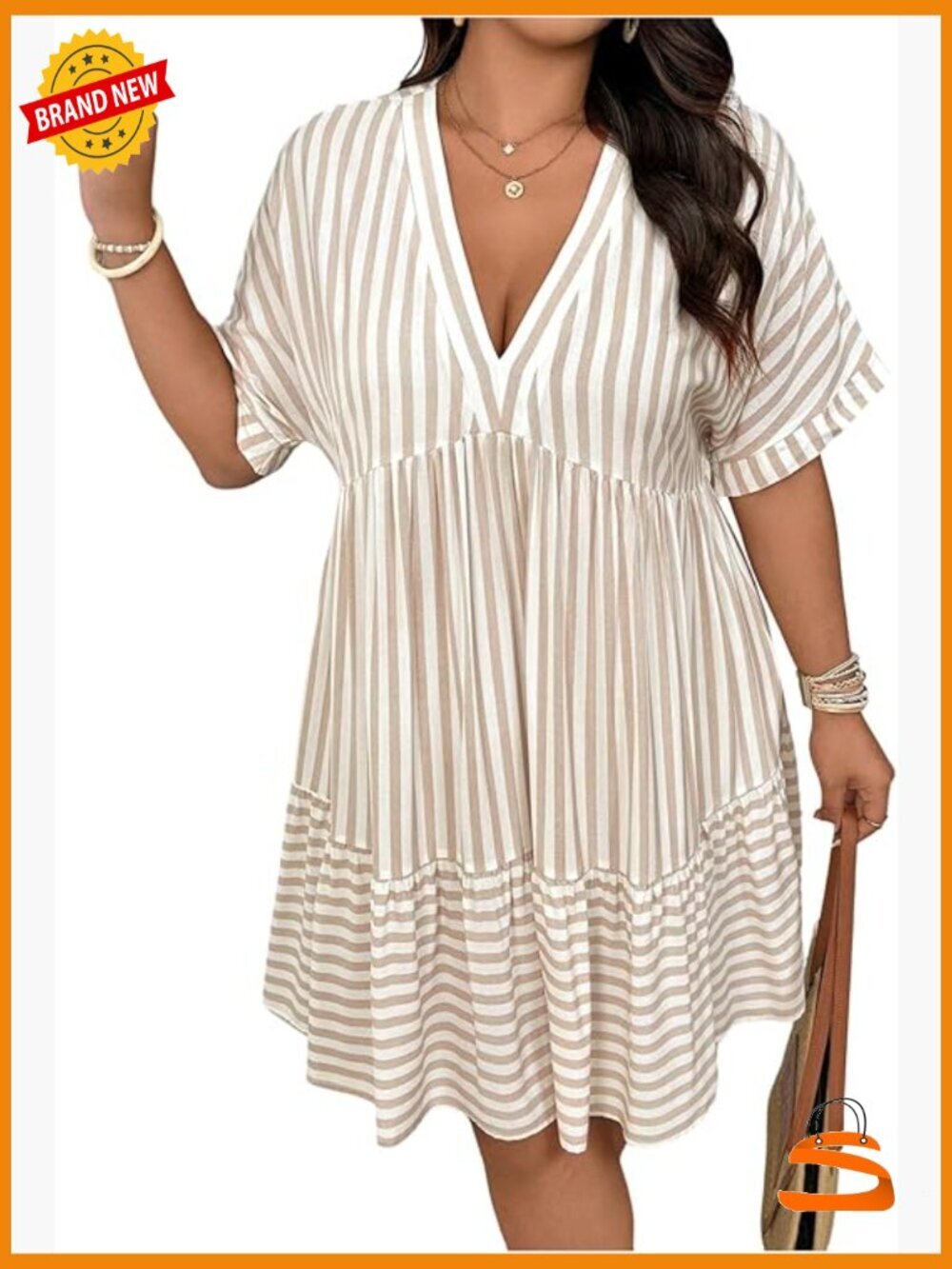 PLUS SIZE STRIPED RUFFLE DRESS DEEP V NECK HALF SLEEVE FLOWY BABYDOLL SUMMER